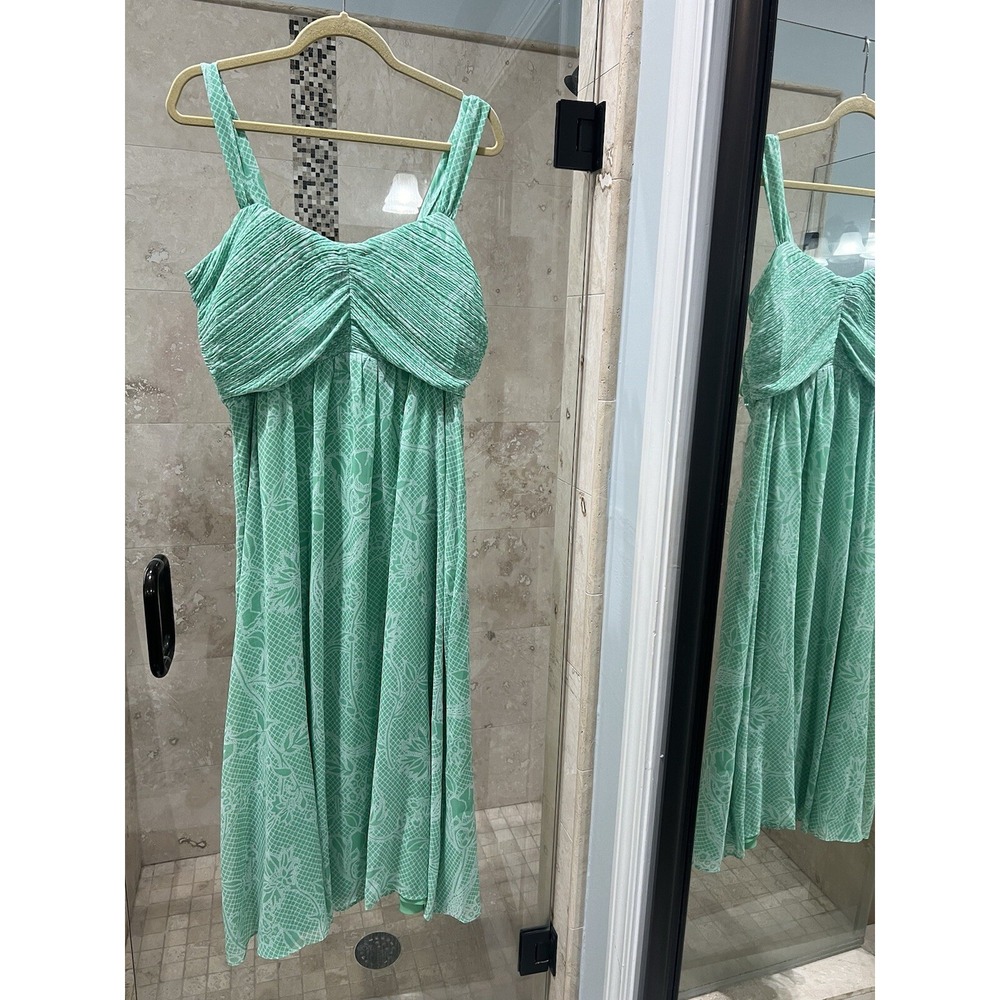 White House Black Market Dress, Smocked  Midi Dress Green Chiffon , Size 12